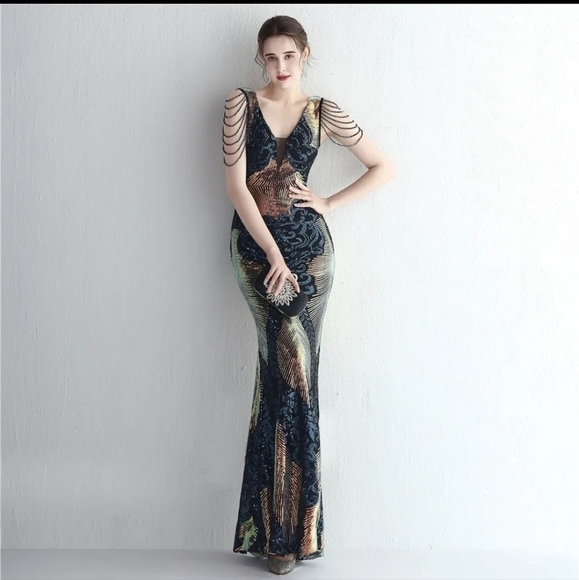 Navy, Floral, Beaded,  V Neck, Round Back,  Sleeveless,  Sequined Mermaid Gown - Picture 4 of 16